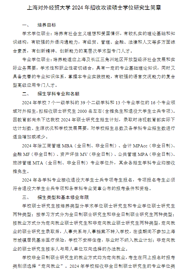 2024上海对外经贸大学研究生招生简章