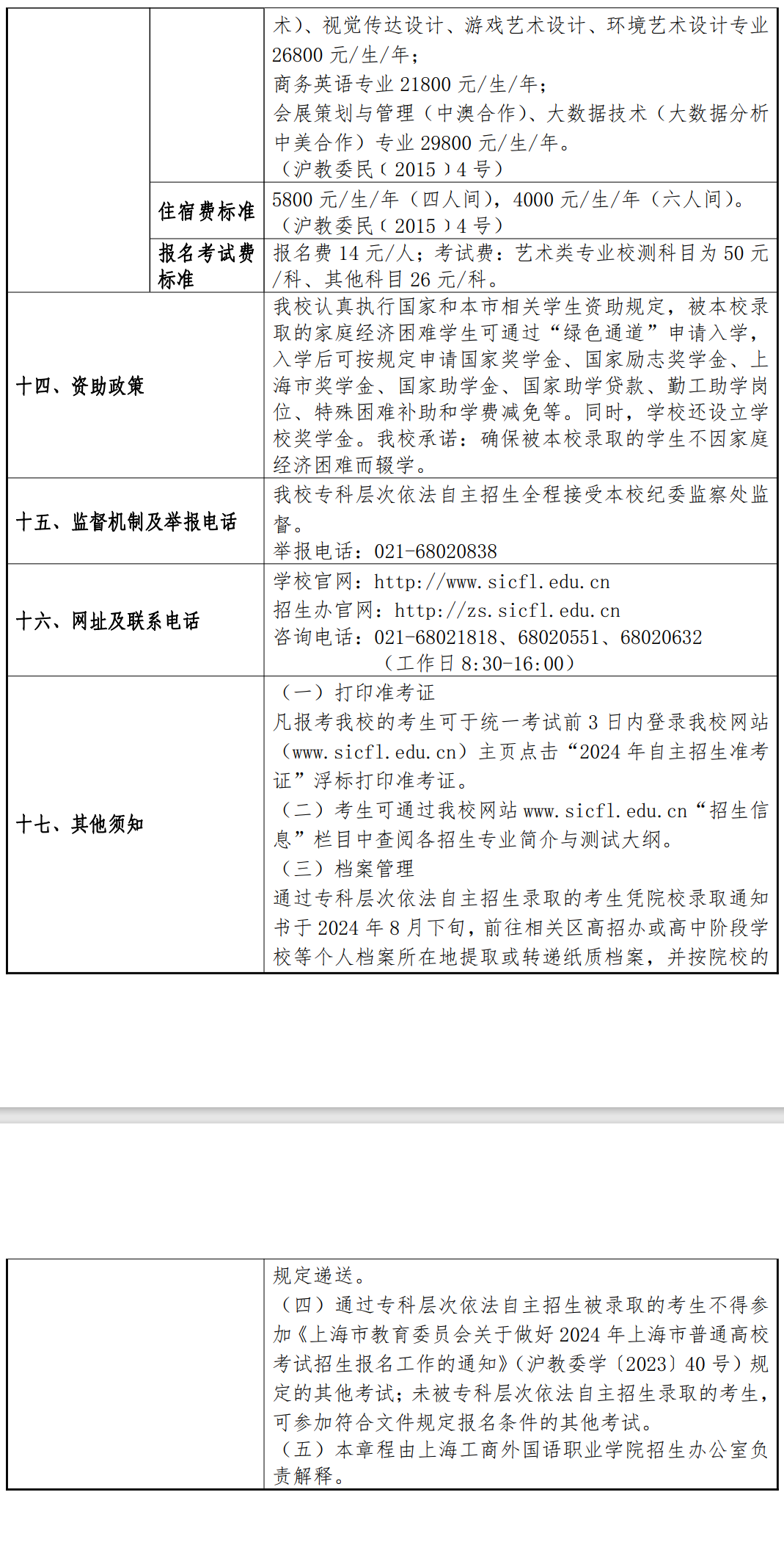 2024年上海工商外国语职业学院专科自主招生章程