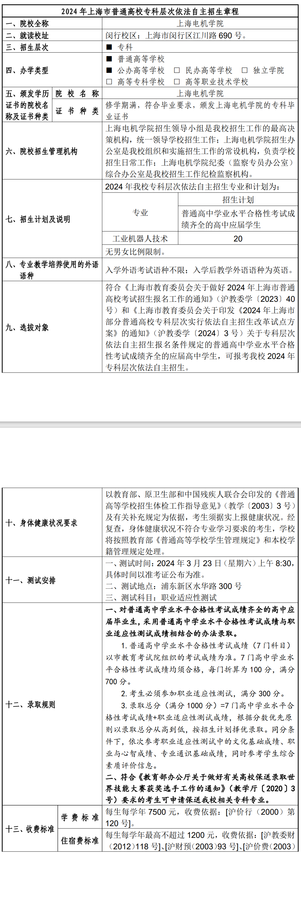 2024年上海电机学院专科自主招生章程