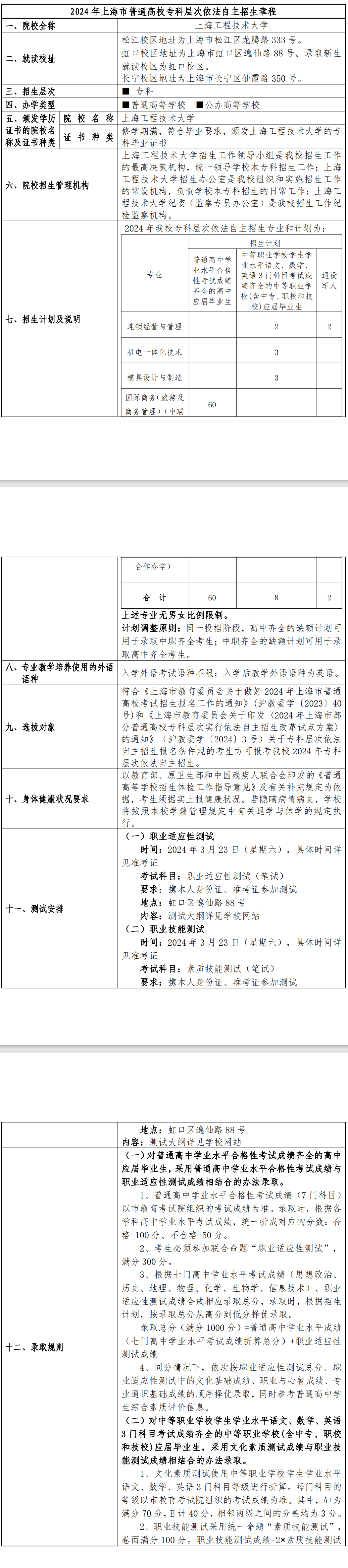 2024年上海工程技术大学专科自主招生章程