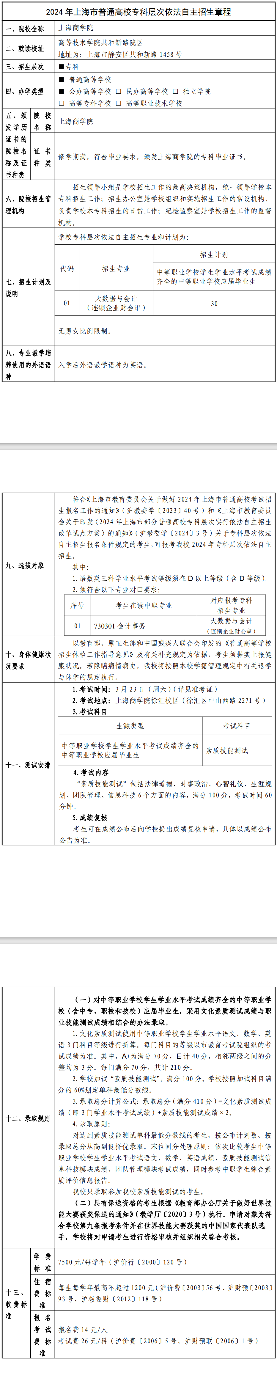 2024年上海商学院专科自主招生章程