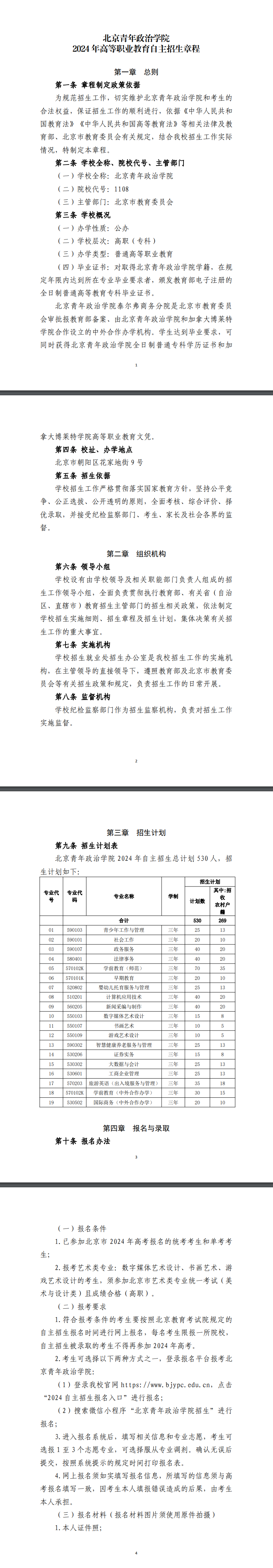 2024年北京青年政治学院高职自主招生章程