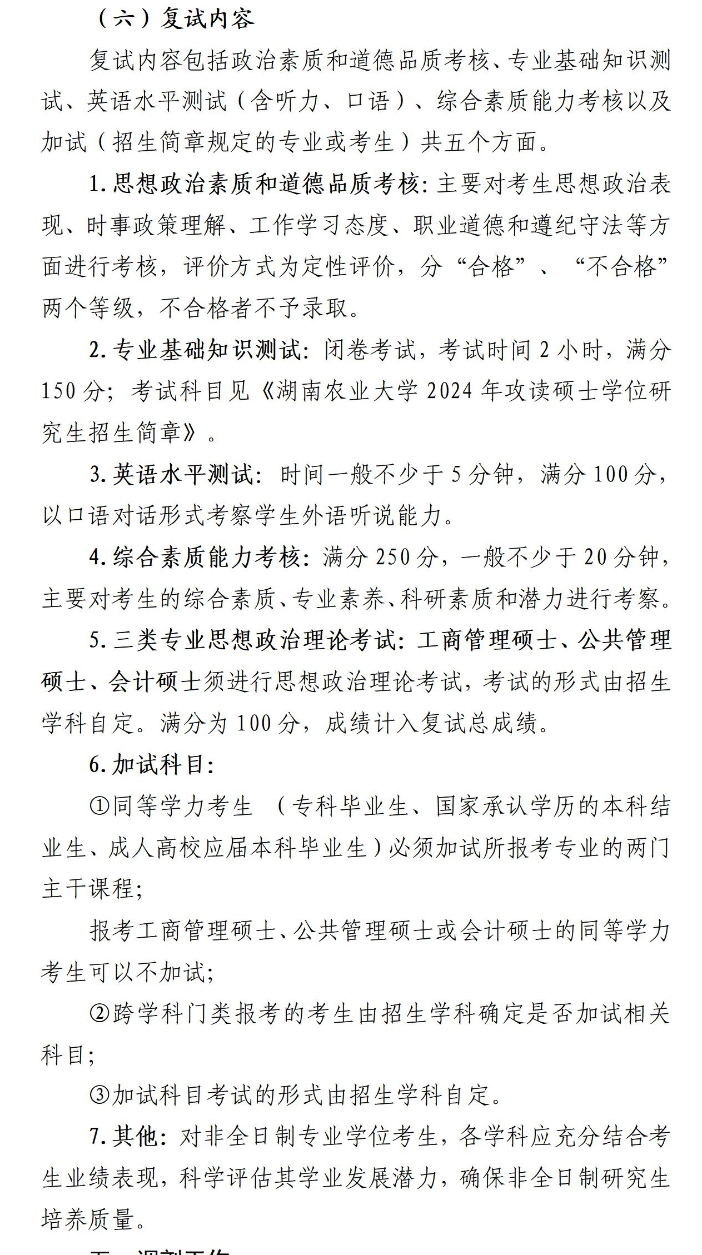 2024年湖南农业大学研究生复试内容
