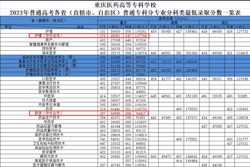 2023重庆医药高等专科学校中外合作办学分数线（含2021-2022历年）