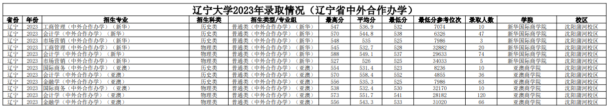 2023辽宁大学中外合作办学分数线（含2021-2022历年）