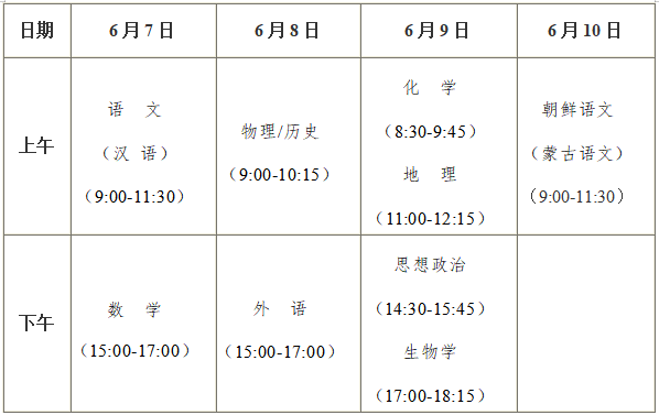 2024年黑龙江高考各科目考试时间及顺序安排