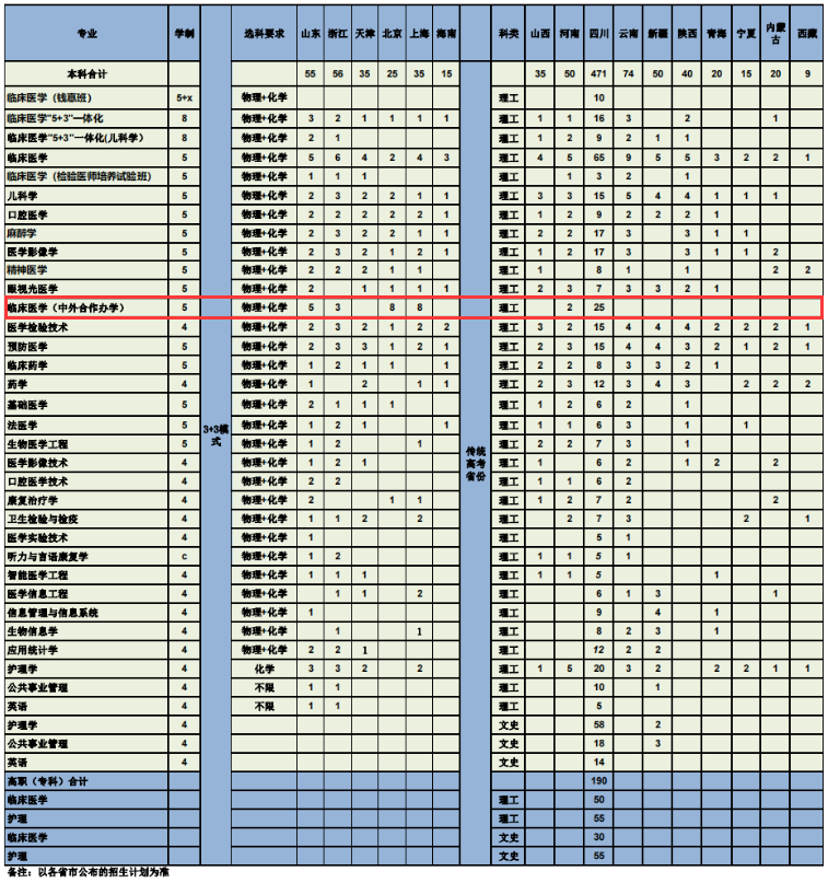 2024重庆医科大学中外合作办学招生计划-各专业招生人数是多少