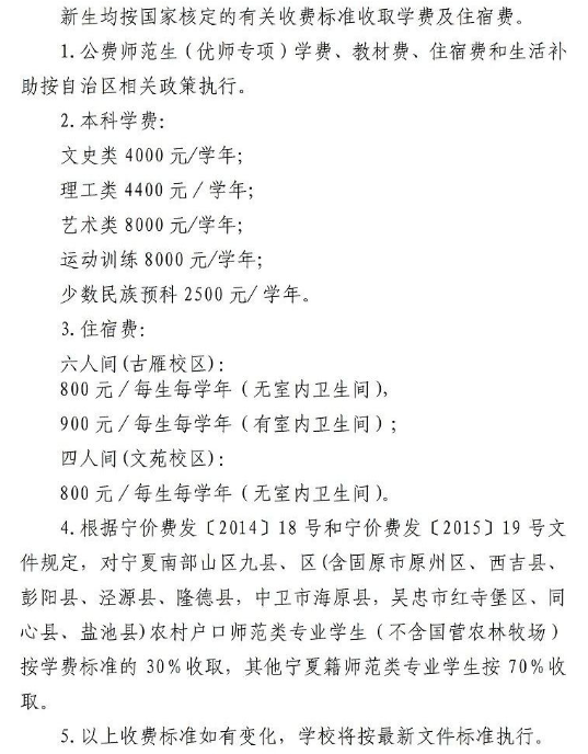 2024宁夏师范大学学费多少钱一年-各专业收费标准