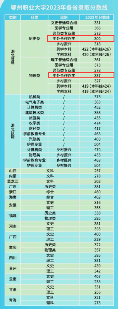 2023鄂州职业大学中外合作办学分数线（含2022年）