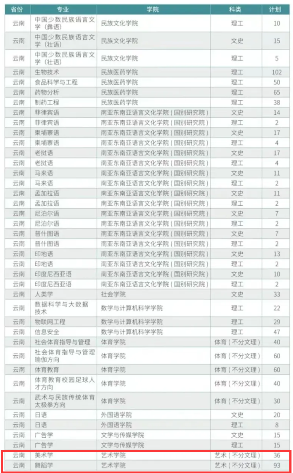 2024云南民族大学艺术类招生计划-各专业招生人数是多少