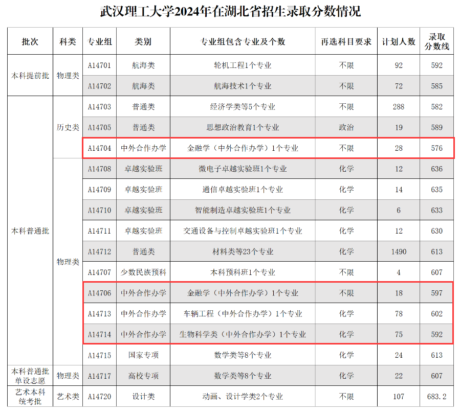 2024武汉理工大学中外合作办学分数线（含2022-2023历年）