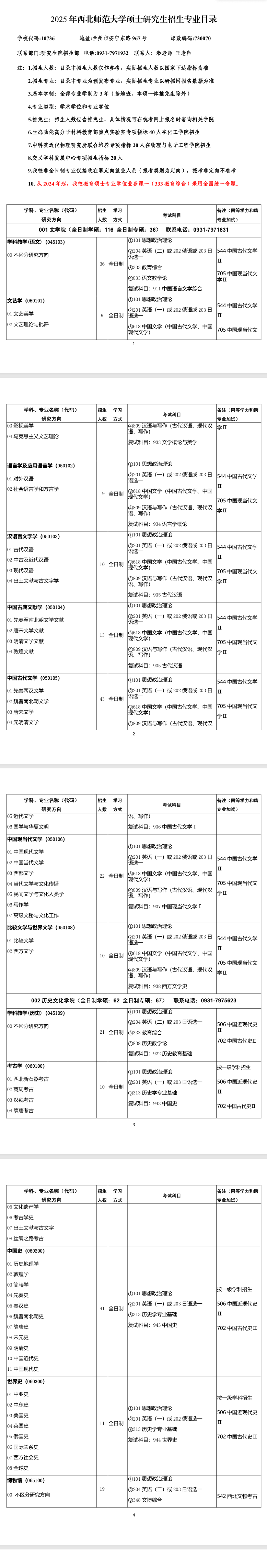 2025西北师范大学研究生招生专业目录及考试科目