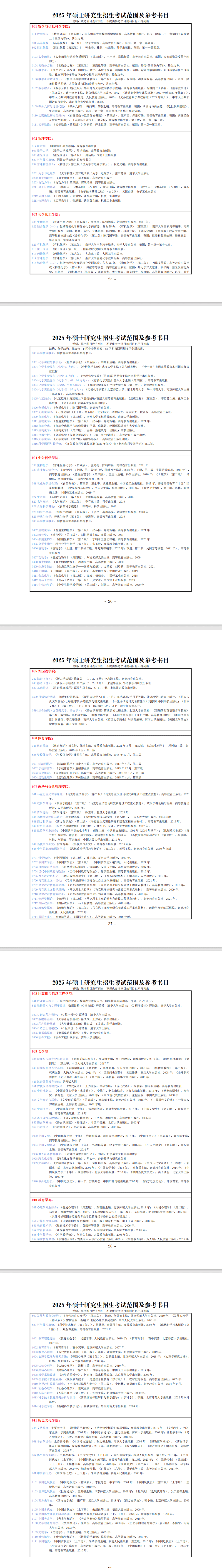 2025河南师范大学考研参考书目