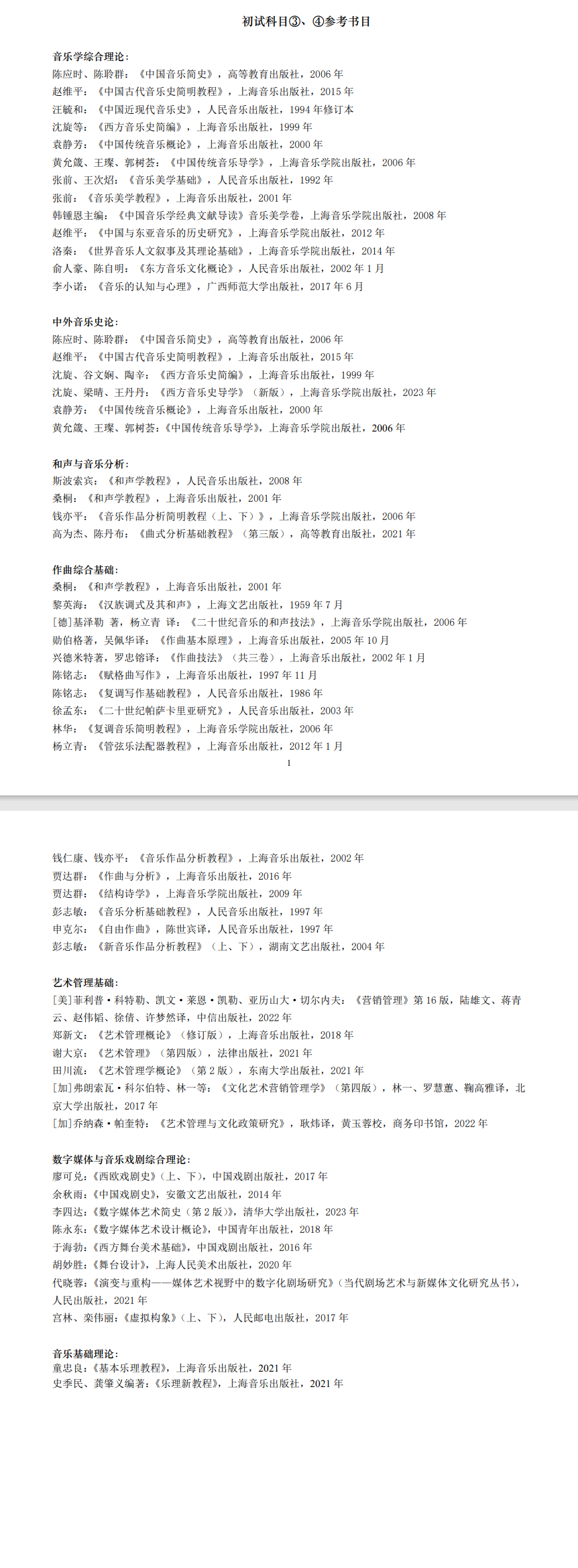 2025上海音乐半岛在线注册考研参考书目