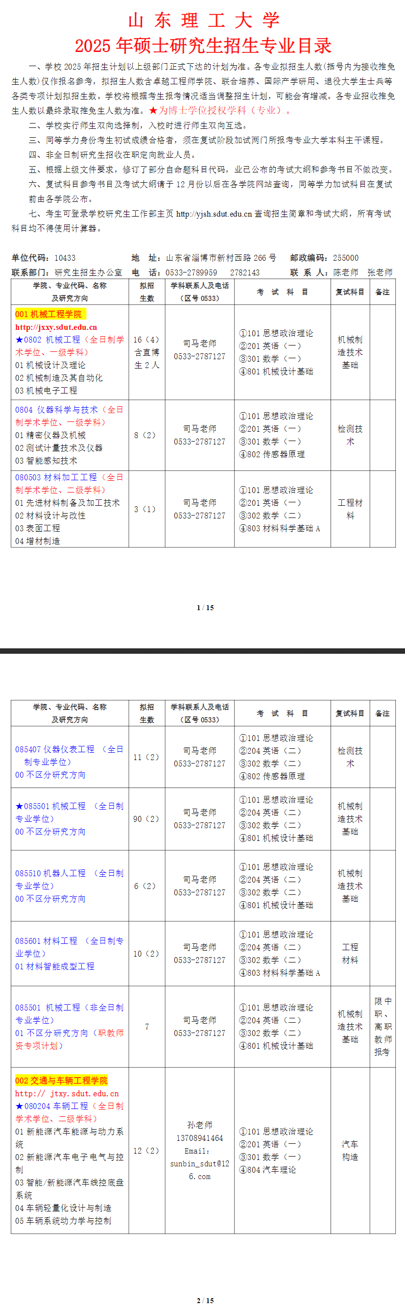 2025山东理工大学研究生招生专业目录及考试科目