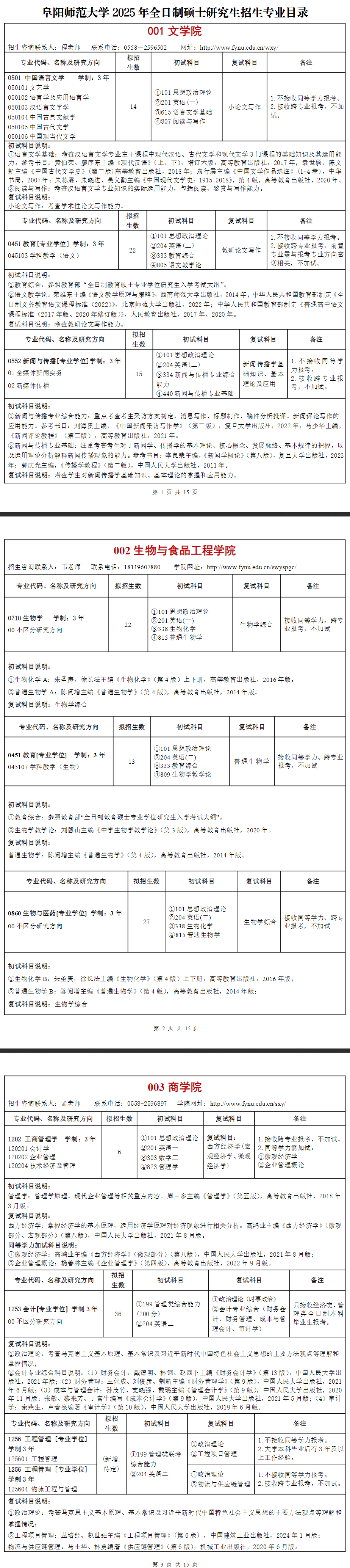 2025阜阳师范大学考研参考书目