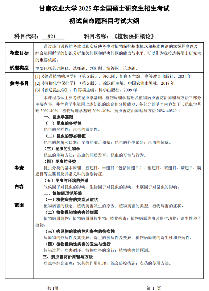 2025年甘肃农业大学考研大纲