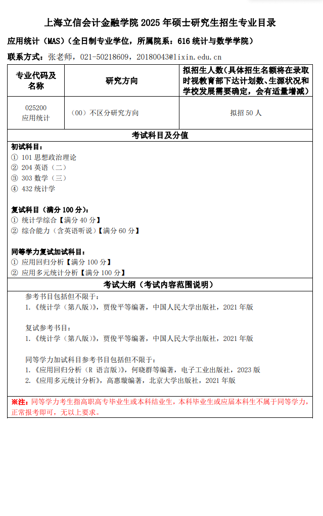 2025上海立信会计金融半岛在线注册研究生招生专业目录及考试科目