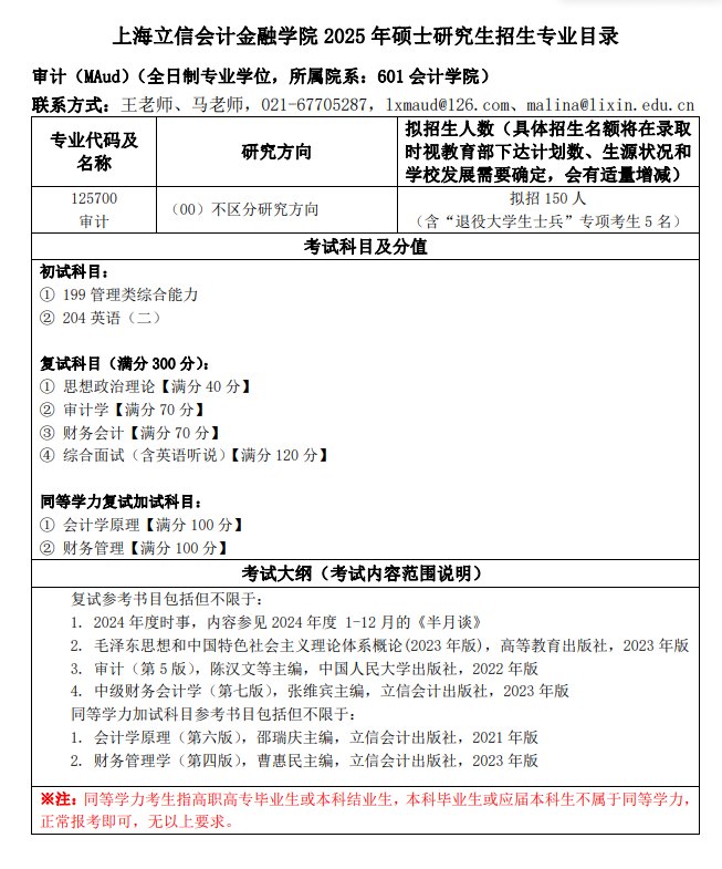 2025上海立信会计金融半岛在线注册研究生招生专业目录及考试科目