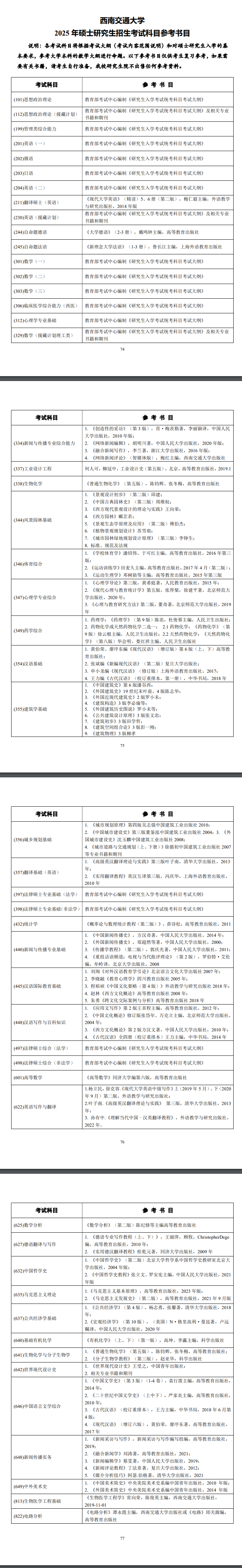 2025西南交通大学考研参考书目