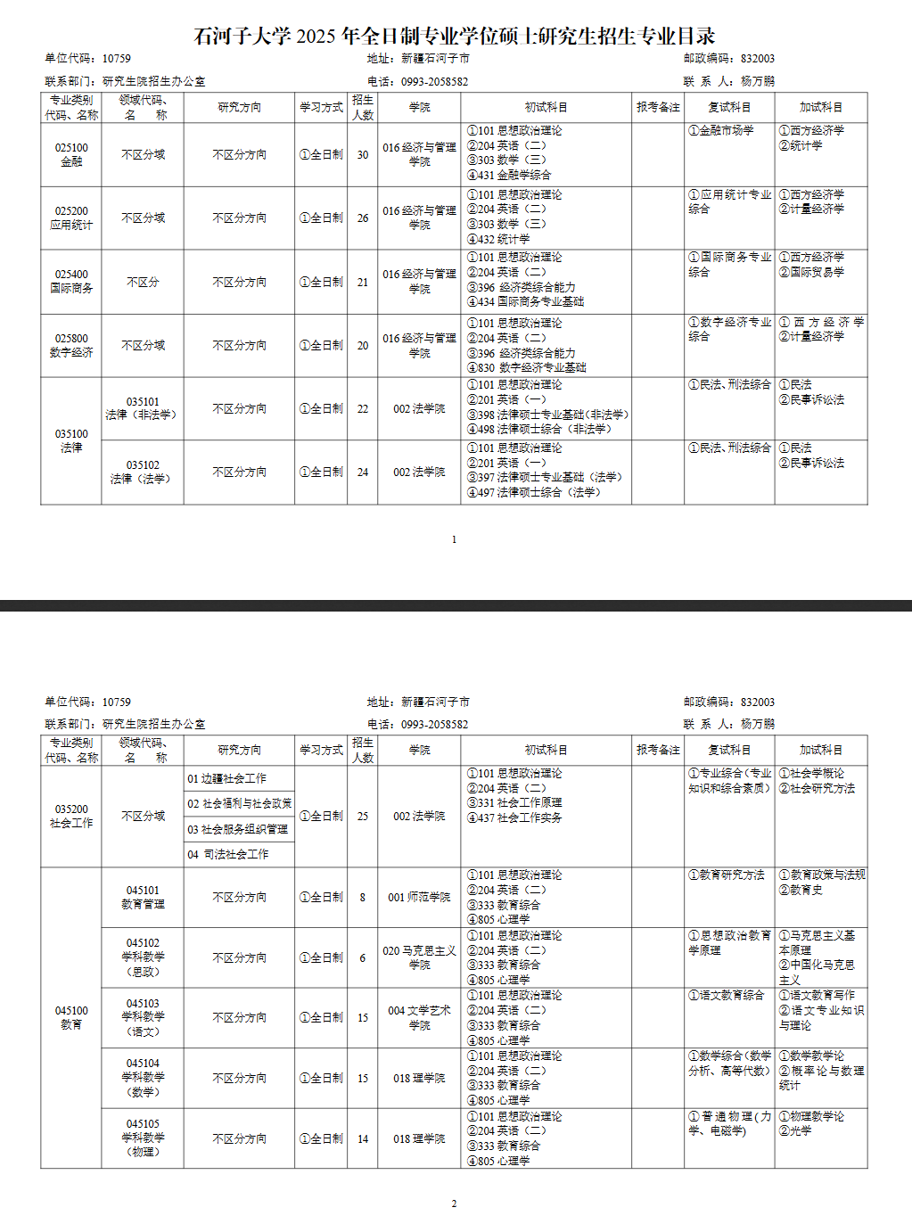 2025石河子大学研究生招生专业目录及考试科目