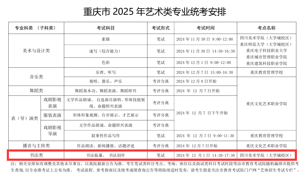 2025年重庆书法统考时间及统考内容