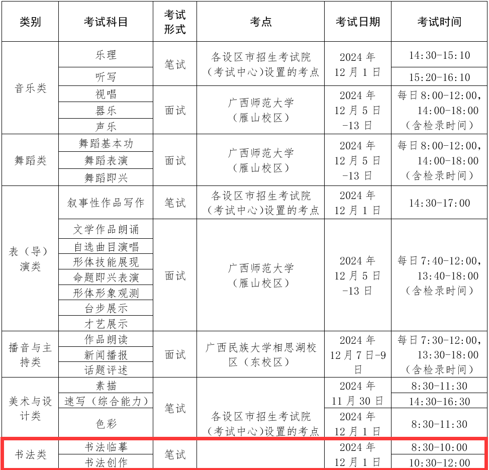 2025广西书法统考时间及统考内容