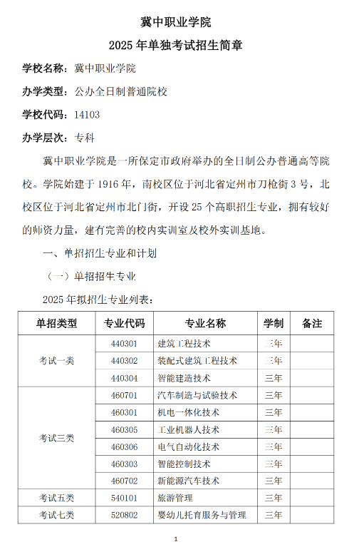 2025年冀中职业学院单招简章