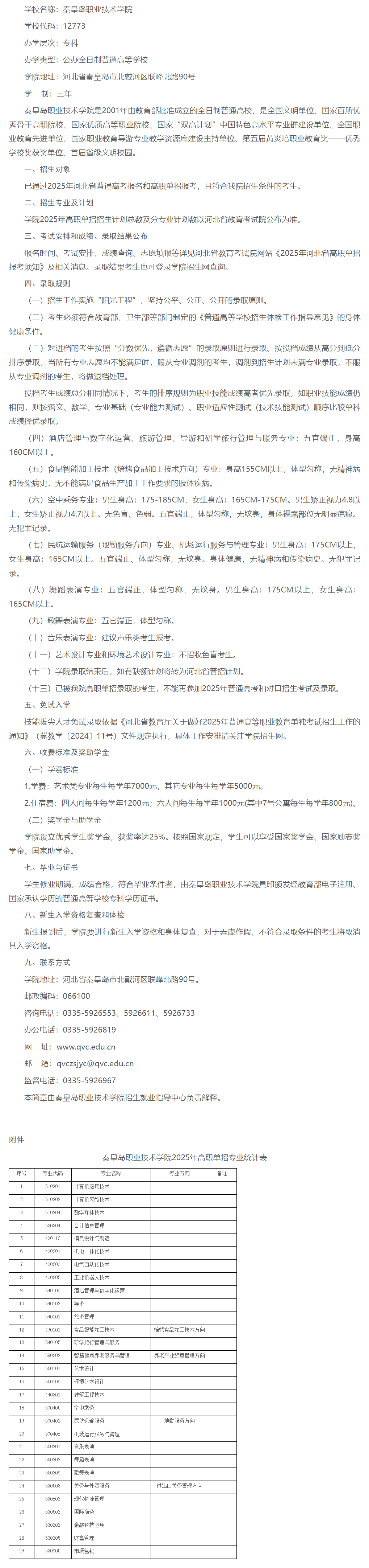2025年秦皇岛职业技术学院单招简章