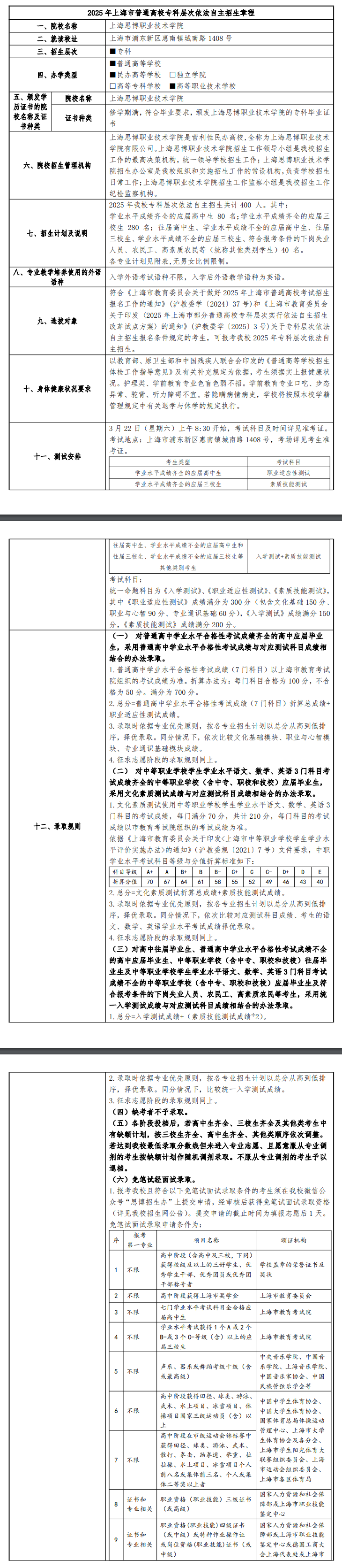 2025年上海思博职业技术学院专科自主招生章程