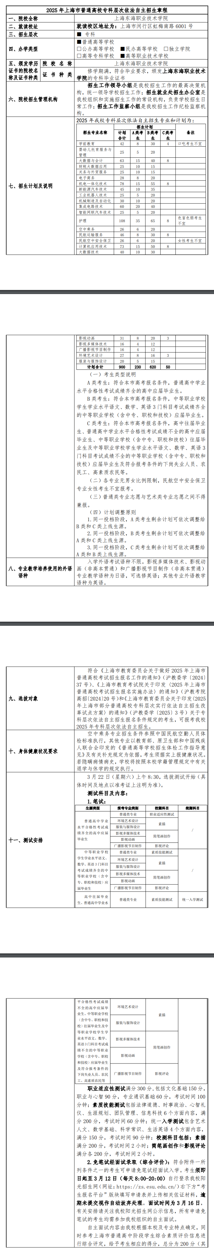 2025年上海东海职业技术学院专科自主招生章程