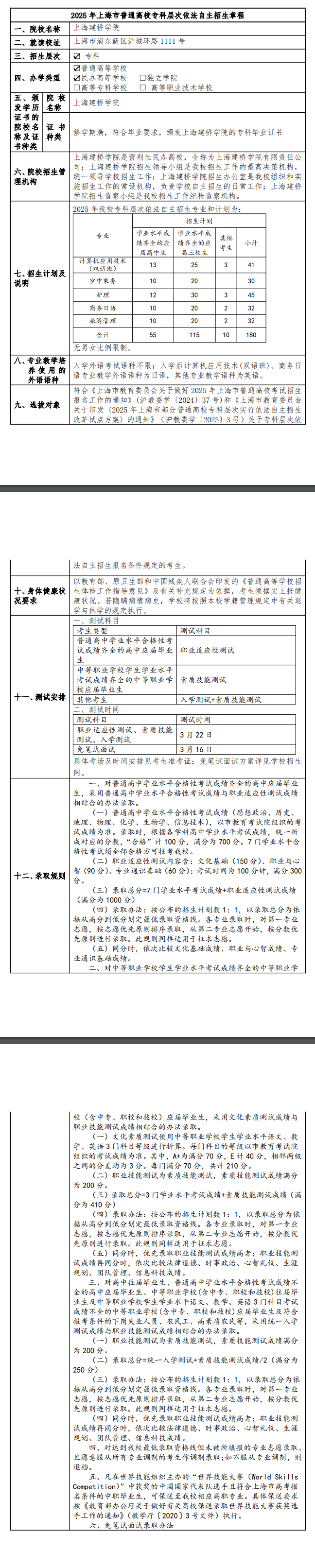 2025年上海建桥学院专科自主招生章程