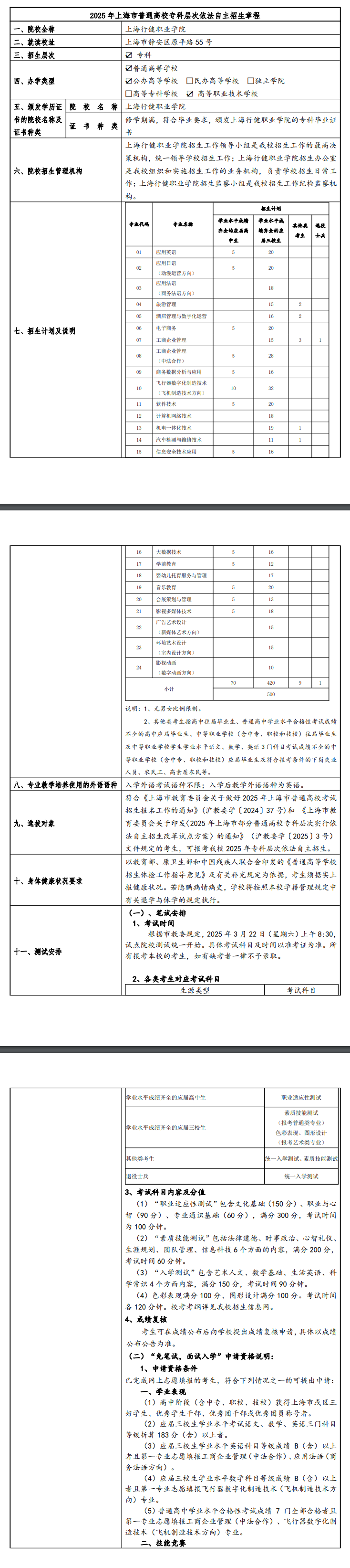 2025年上海行健职业学院专科自主招生章程