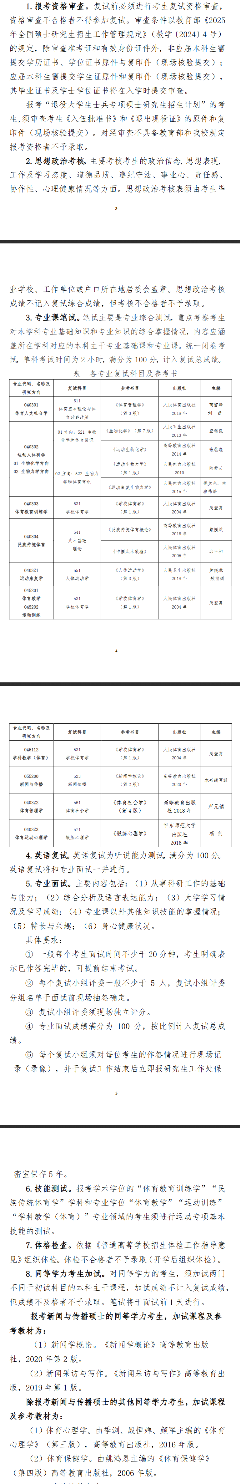 2025年南京体育学院研究生复试内容