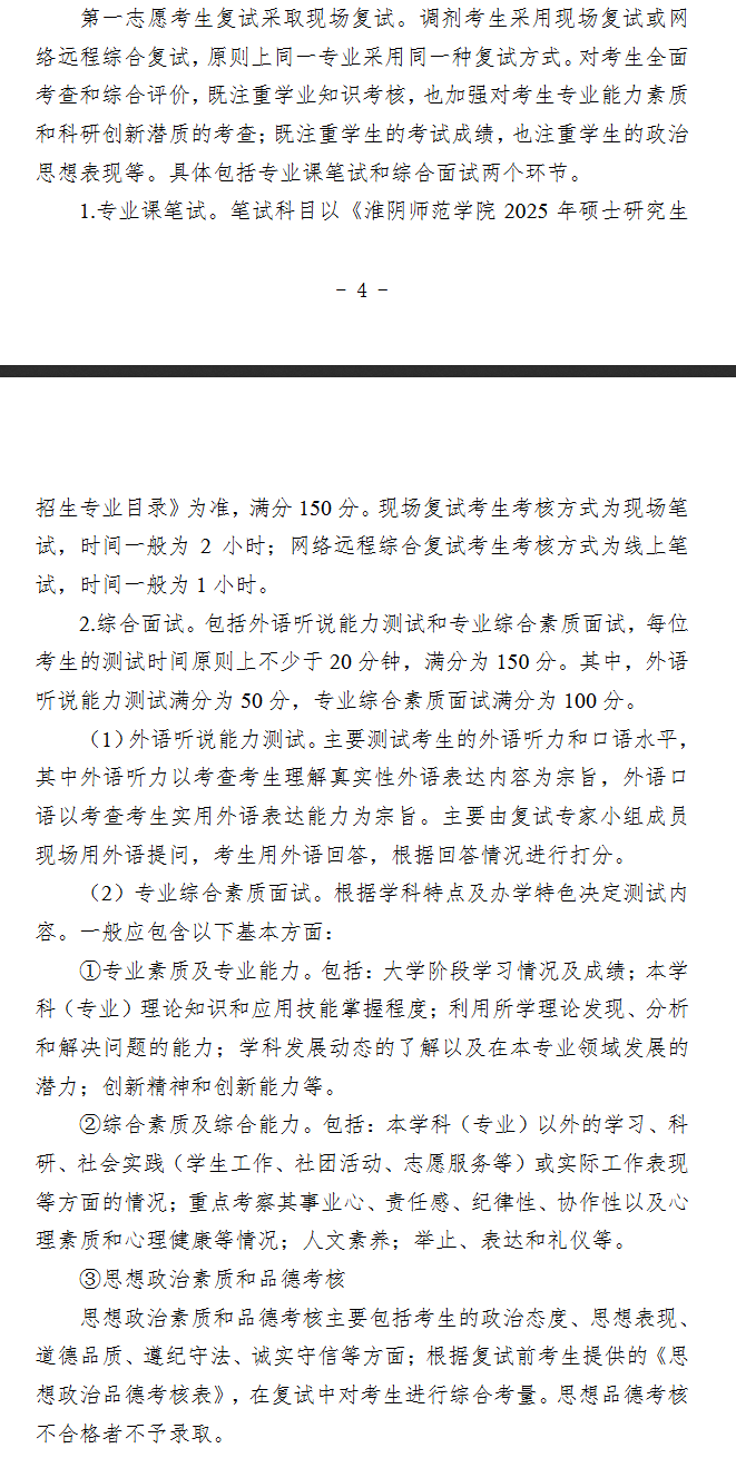 2025年淮阴师范学院研究生复试内容