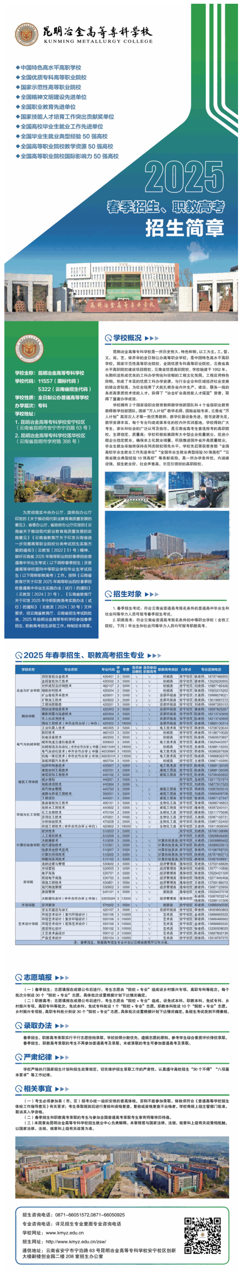 2025年昆明冶金高等专科学校春季招生、职教高考招生简章