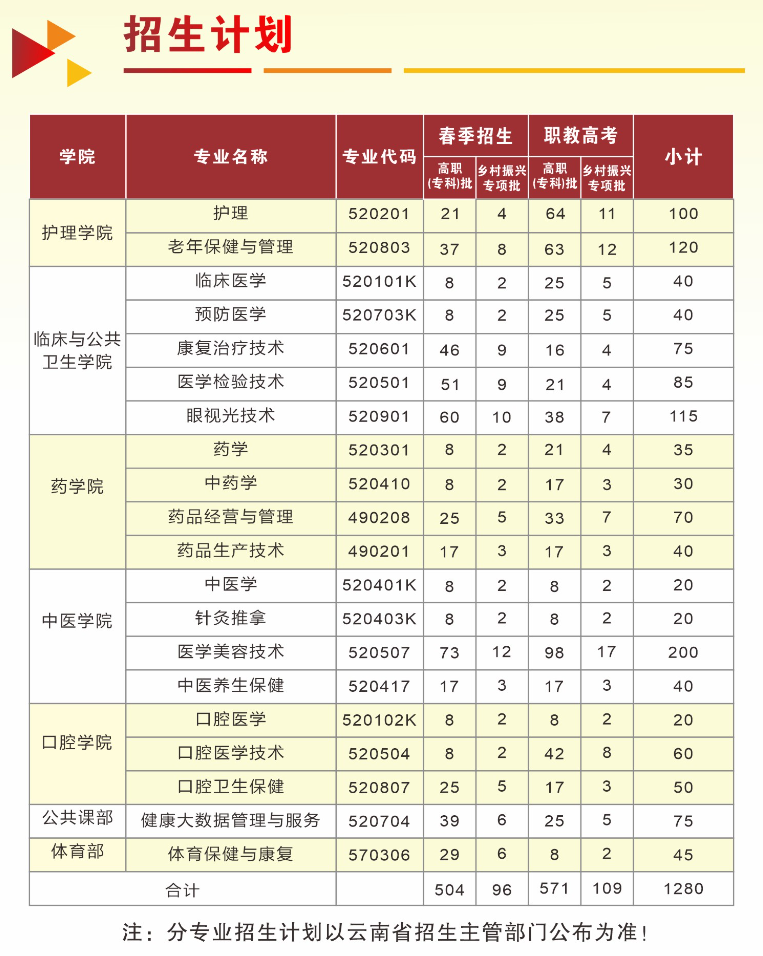 红河卫生职业学院春季招生、职教高考招生专业有哪些？