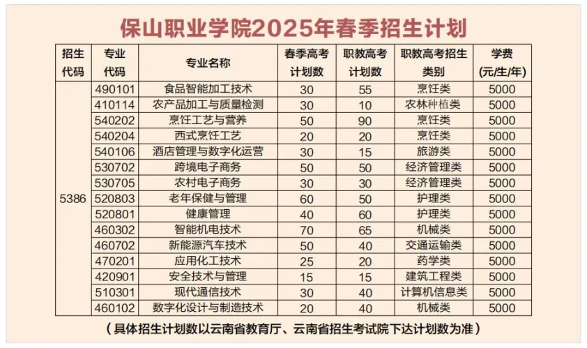 2025保山职业学院春季招生、职教高考招生计划