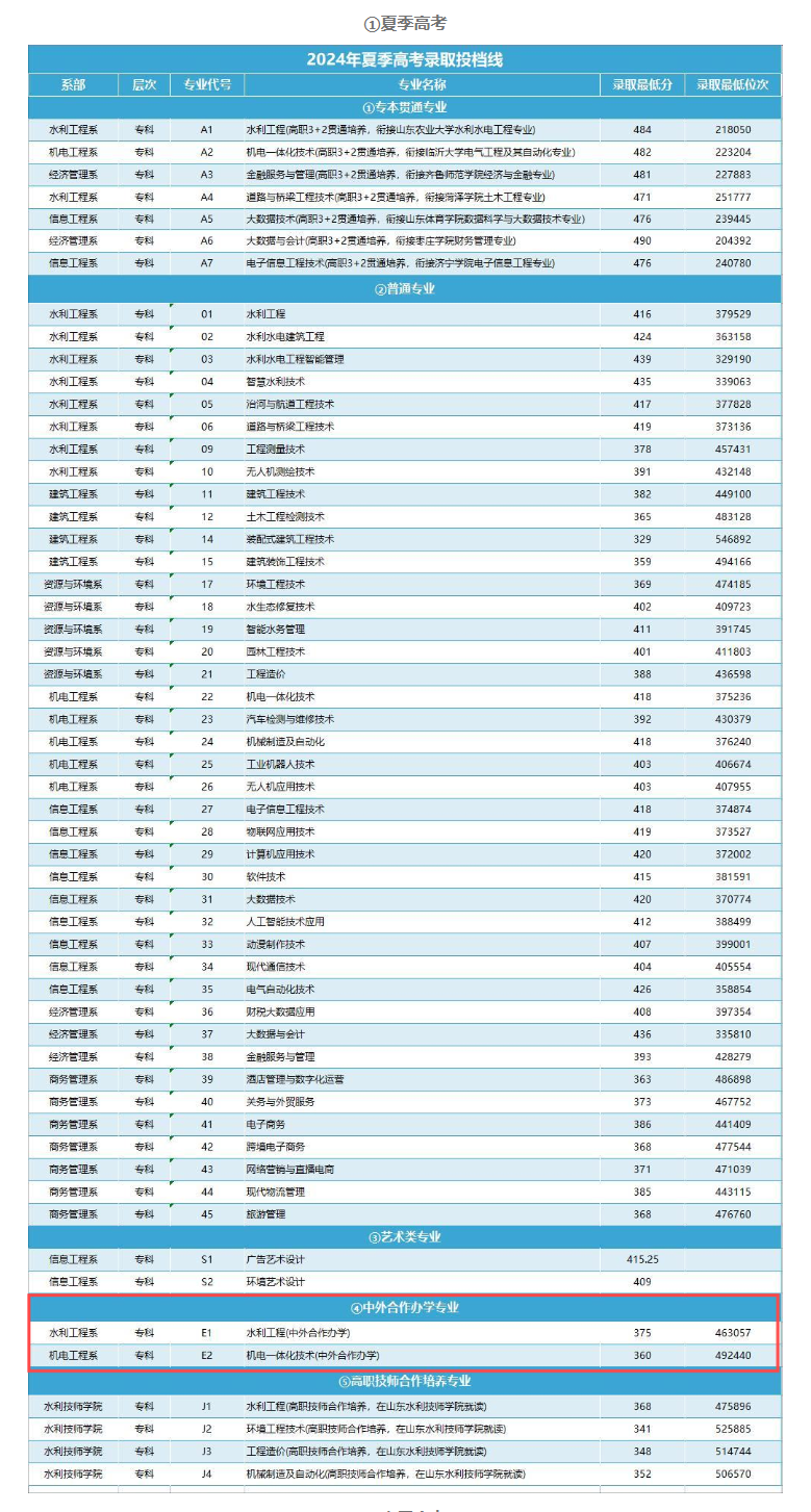 2024山东水利职业学院中外合作办学分数线
