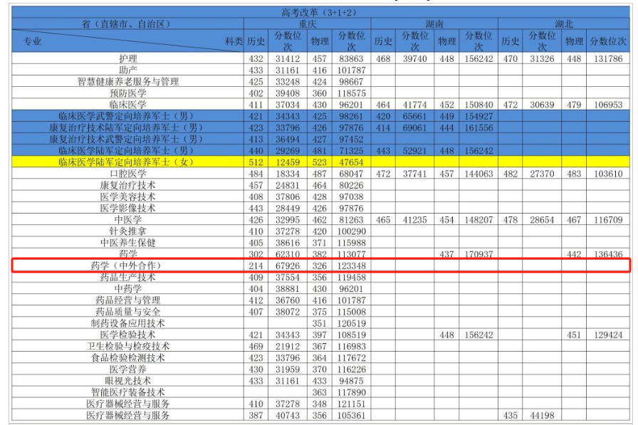 2024重庆医药高等专科leyu乐鱼体育app下载中外合作办学分数线（含2022-2023历年）