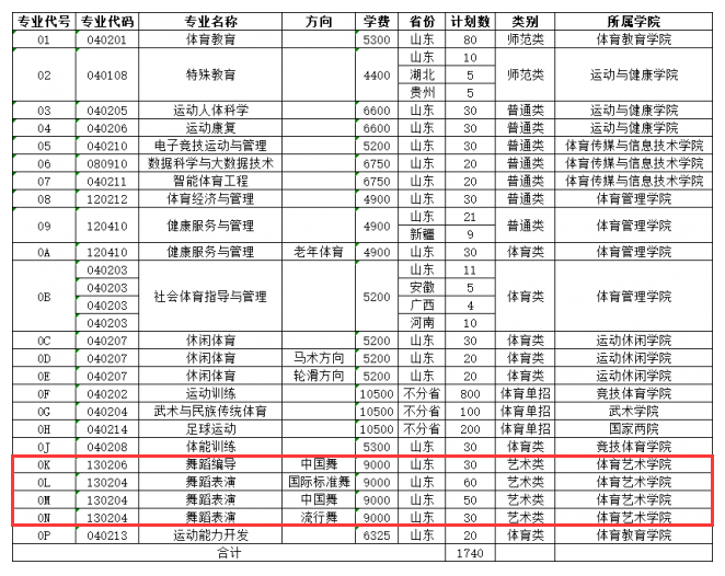 山东体育学院艺术类专业有哪些？