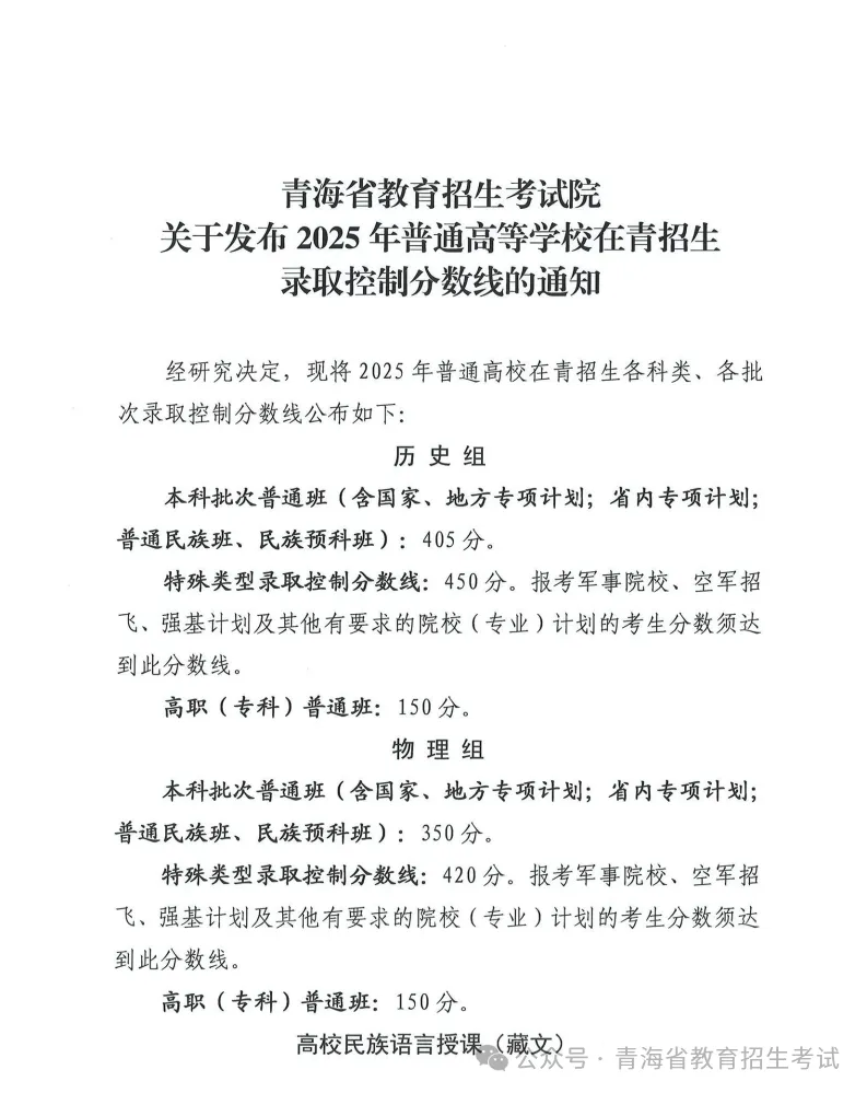2025青海高考分数线一览表（本科、专科、特殊类型）