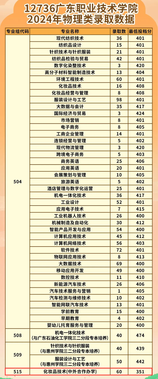 2024广东职业技术学院中外合作办学分数线