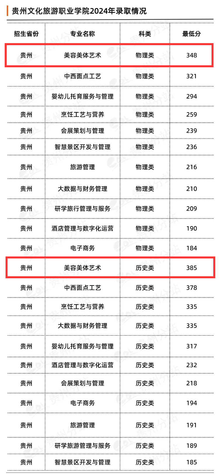 2024贵州文化旅游职业学院艺术类录取分数线